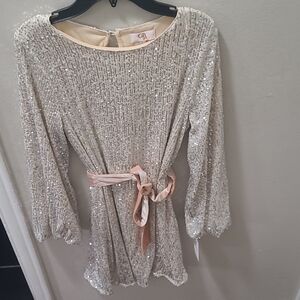 GB Girls Silver Sequin Dress with Pink Belt